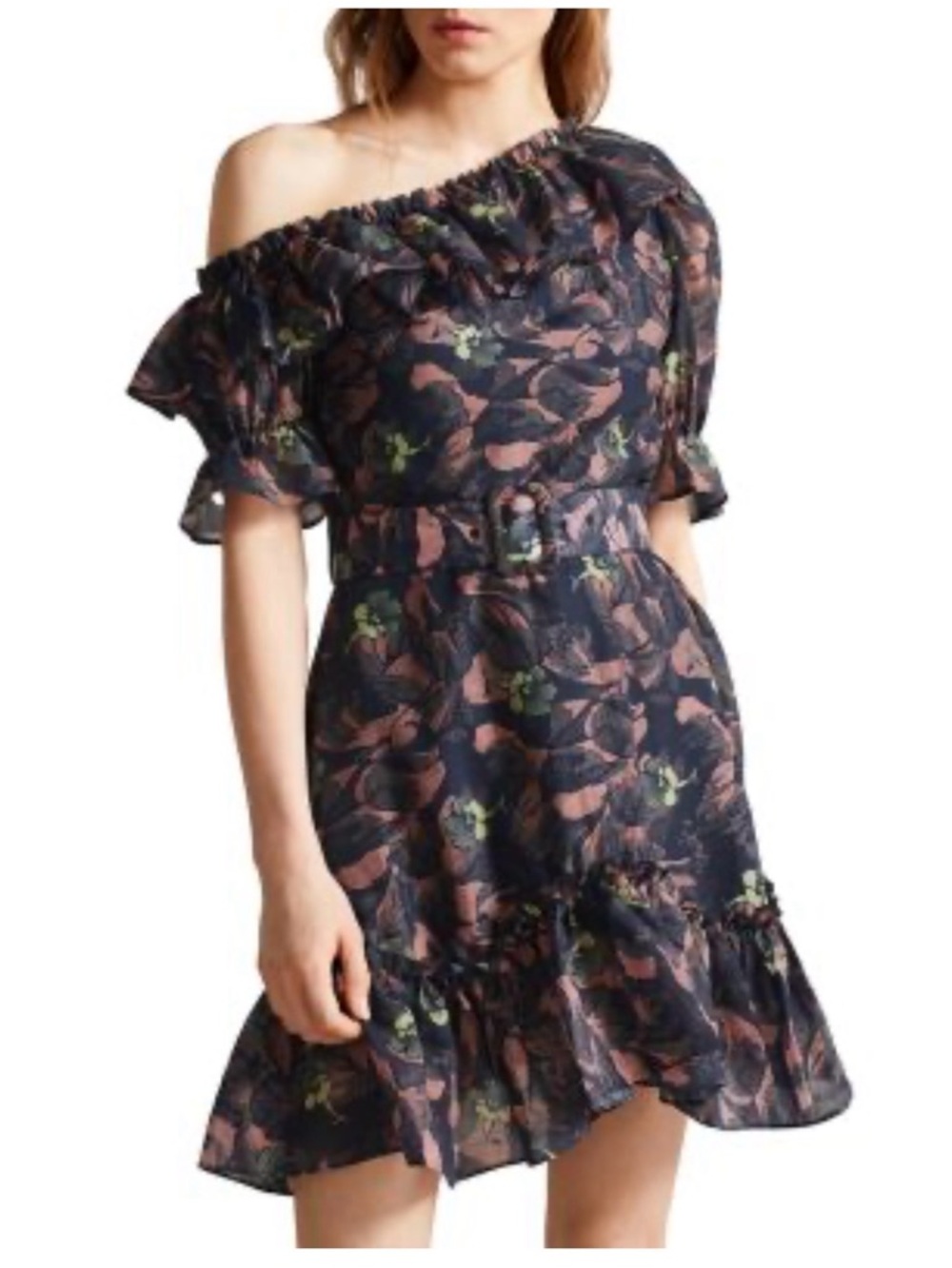 Ted Baker Navy One-Shoulder Floral Ruffle Dress.  Missing Belt